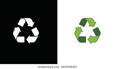 El símbolo del reciclaje, presentado en dos variaciones: blanco sobre negro y verde sobre blanco, representa la reutilización y la sostenibilidad.