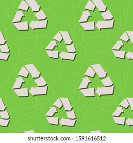 Recycling symbol repeat design with green background, off-white graphic with a shadow and tangle lines.