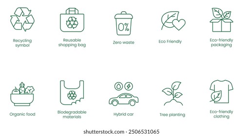 Recycling Symbol, Reusable Shopping Bag, Zero Waste, Eco-Friendly, Eco-Friendly Packaging, Organic Food, Biodegradable Materials, Hybrid Car, Tree Planting, Eco-Friendly Clothing Vector Icons