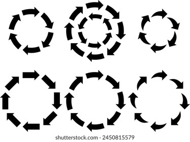 Recycling symbol or rotating cycle isolated on white screen. Eight and five circular black arrows.