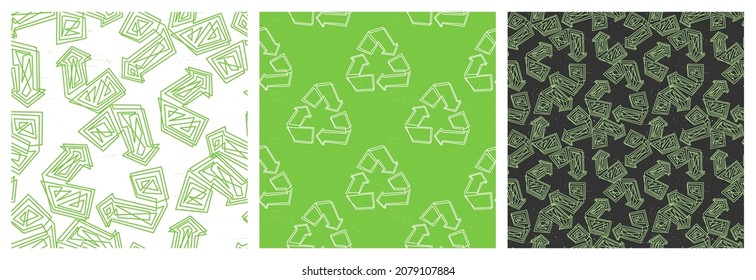 Recycling symbol seamless pattern vector design set in green, white and black colours for ecology poster background print.