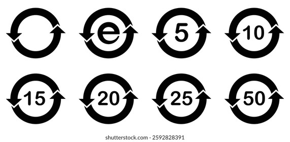 Recycling symbol set with circular arrows and numbers indicating reusability, sustainability and eco-friendly materials in bold monochrome vector illustration.