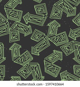  Recycling symbol shape drawn with a tangle lines seamless pattern. Dark grey background with green ecology, plastic waste themed vector repeat design.