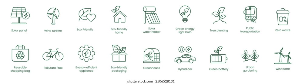 Recycling Symbol, Solar Panel, Energy, Electric Vehicle, Eco-Friendly, Sustainable Building, Public Transportation, Water Conservation, Green Energy, Light Bulb, Composting Bin, Biodegradable icons