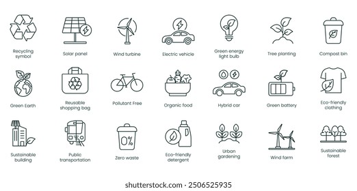 Recycling Symbol, Solar Panel, Wind Turbine, Electric Vehicle, Green Energy Light Bulb, Tree Planting, Compost Bin, Green Earth, Reusable Shopping Bag, Pollution-Free, Organic Food vector icons