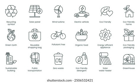 Recycling-Symbol, Sonnenkollektor, Windturbine, Elektrofahrzeug, umweltfreundlich, umweltfreundlich zu Hause, Green Earth, Mehrwegverpackung, Mehrwegeinkaufsbeutel, umweltfreundlich, Bio-Lebensmittel-Vektorsymbole
