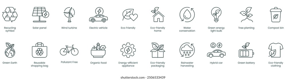 Recycling Symbol, Solar Panel, Wind Turbine, Electric Vehicle, Eco-Friendly, Eco-Friendly Home, Water Conservation, Green Energy Light Bulb, Tree Planting, Compost Bin, Green Earth vector icons