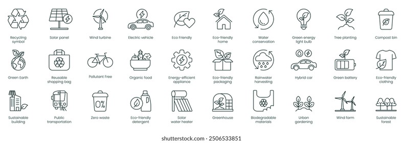 Recycling Symbol, Solar Panel, Wind Turbine, Electric Vehicle, Eco-Friendly, Eco-Friendly Home, Water Conservation, Green Energy Light Bulb, Tree Planting, Compost Bin, Green Earth vector icons 