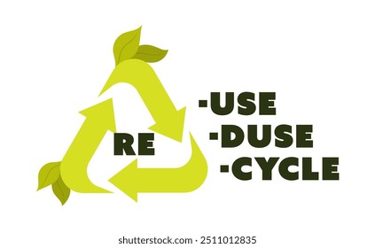 Símbolo de reciclagem com três setas em forma de triângulo com folhas. Concepção de reduzir, reutilizar e reciclar para estilo de vida sem desperdício. Slogan de economia de ambiente. Ilustração vetorial.