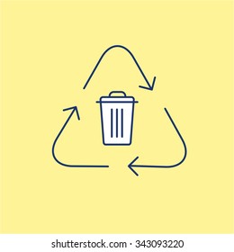 Recycling symbol with trash bin in center ecology and environment vector icon and infographic blue and white on yellow background