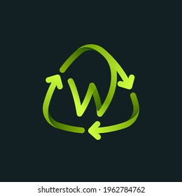 Recycling symbol with W letter line logo. Green reuse sign with rotating arrows. Vector font for your upcoming eco-friendly and zero waste projects. 