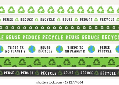 Recycling symbol washi tape, seamless decorative border. Eco-friendly, recyclable product packaging with mobius loop, abstract planet Earth clipart and reuse reduce recycle lettering text.