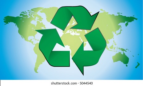 recycling symbol with world map in background