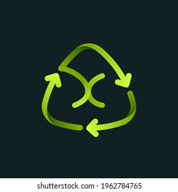 Recycling symbol with X letter line logo. Green reuse sign with rotating arrows. Vector font for your upcoming eco-friendly and zero waste projects. 