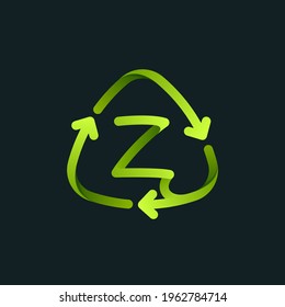Recycling symbol with Z letter line logo. Green reuse sign with rotating arrows. Vector font for your upcoming eco-friendly and zero waste projects. 