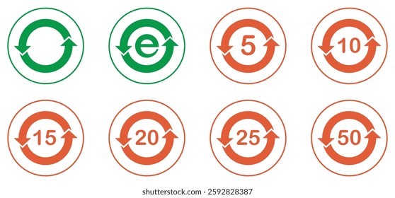 Recycling symbols with circular arrows and numbers indicating material reuse cycles, vector eco-friendly icon set for sustainability and waste management.