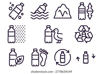 Recycling symbols collection featuring plastic bottle icons with sustainability concepts like reduction reuse recycling mountain water pollution prevention and eco-friendly practices in clean minimalist