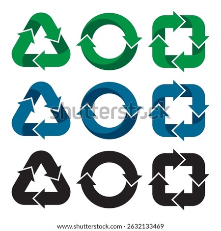 Recycling symbols. Eco-friendly design elements. Triangle, circle, and square cycle sign. 