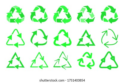 Recycling symbols flat icon set. Biodegradable waste logo, reuse arrow, eco mark isolated vector illustration collection. Waste reduce concept