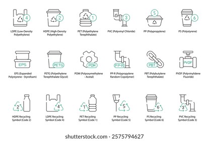 Recycling Symbols Icon Set for LDPE, HDPE, PET, PVC, PP, PS, EPS, PETG, POM, PP-R, PBT, PVDF, HDPE Recycling Symbol (Code 2), LDPE Recycling Symbol (Code 4), PET Recycling Symbol (Code 1), PP icons