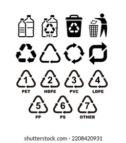 Recycling Symbols For Plastic. Vector icon illustration set