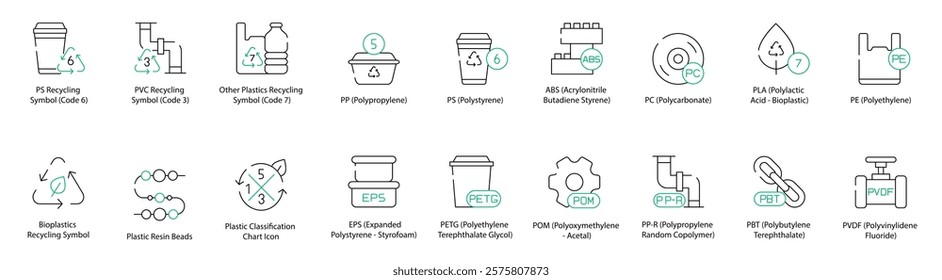 Recycling Symbols for Plastics Icons - PS Recycling (Code 6), PVC Recycling (Code 3), Other Plastics (Code 7), PP, PS, ABS, PC, PLA, PE, Bioplastics Recycling, Plastic Classification Chart, EPS, PETG 