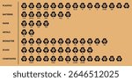 Recycling symbols set with plastic types, paper, glass, metal, batteries, organic, composite waste icons on brown background. Eco-friendly vector signs, recycle code collection for box packaging.