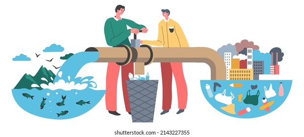 Recycling system for water, filter pipe for filtration and purification. Industrial and household waste in sea, pond or lake. People working on cleaning mass. Innovative technologies, vector in flat