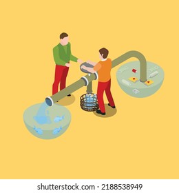 Recycling system for water, filter pipe for filtration and purification isometric 3d vector illustration concept for banner, website, illustration, landing page, flyer, etc.