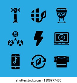 recycling, towel, smartphone, antenna, collaboration, ecology, drum, laptop and high voltage vector icon. Simple icons set