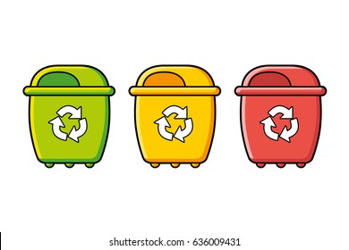 Recycling trash bin in different colors isolated. Waste segregation. Green, yellow and red.