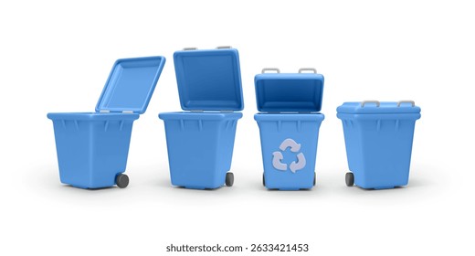 Recycling Trash Bin Set in Blue Color with Open and Closed Lid. Realistic 3D Garbage Containers for Sorting Waste and Eco Projects. Vector Illustration
