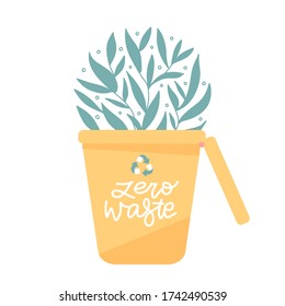 Recycling trash bin for waste sorting poster. Cans for different types of litter, such as plastic, glass and paper. Eco friendly concept design with green leaves growing from the bin. Flat vector.