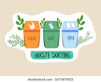 Recycling trash bins for waste sorting poster. Cans for different types of litter, such as plastic, glass and paper. Eco friendly concept design with green leaves on light brown background