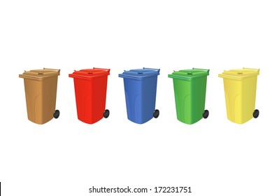 Recycling trash cans for organic garbage, paper, metal, plastic and electronics isolated