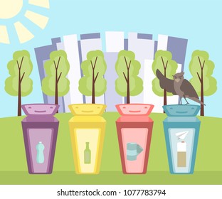 recycling trash cans in the park, vector cartoon illustration in flat style