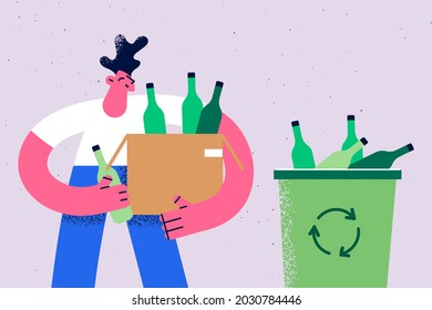 Recycling trash and garbage concept. Young smiling man cartoon character standing holding bag with lass bottle thinking about ecology earth vector illustration 