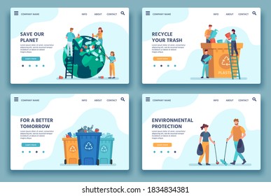 Recycling trash landing page. People collecting and sorting garbage for recycle. Eco lifestyle. Reduce environment pollution web site vector. Illustration collecting and sorting junk