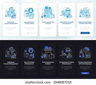 Recycling trends onboarding mobile app page screen. Waste industry walkthrough 5 steps graphic instructions with concepts. UI, UX, GUI vector template with linear night and day mode illustrations