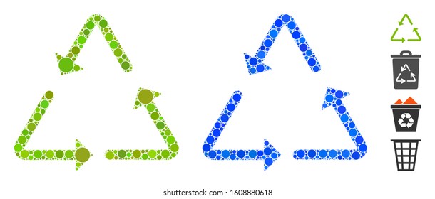 Recycling triangle mosaic of small circles in variable sizes and color hues, based on recycling triangle icon. Vector random circles are composed into blue mosaic.