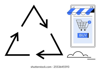 A recycling triangle symbol next to a smartphone with an online shopping cart. Ideal for sustainability, e-commerce, eco-friendly, recycling, and technology. Minimalist and modern vector style