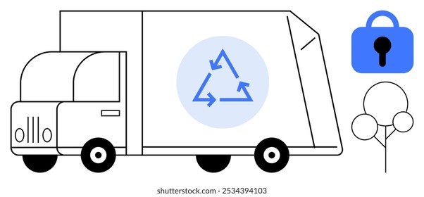 A recycling truck with a blue recycling symbol is displayed. To the right, there is a blue security lock icon and a simple tree illustration. Ideal for recycling, waste management, environment