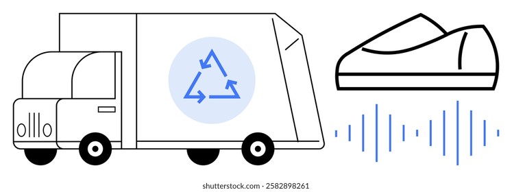 Recycling truck with circular recycling symbol, shoe icon beside blue sound waves. Ideal for sustainability, recycling, waste management, eco-friendly initiatives, footwear industry, environmental