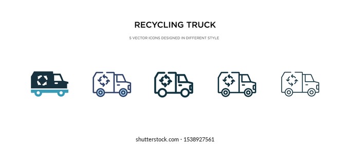 recycling truck icon in different style vector illustration. two colored and black recycling truck vector icons designed in filled, outline, line and stroke style can be used for web, mobile, ui