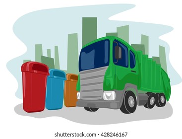 Recycling truck picking up bins