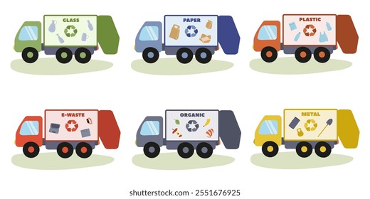 Recycling trucks parked in a line ready for collection of various materials