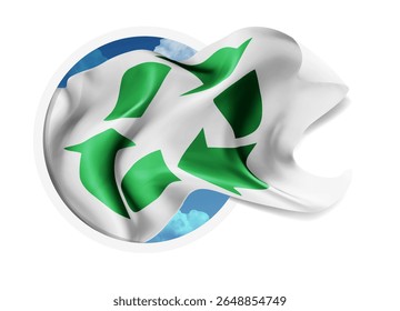 Recycling, vector 3d flag against a blue sky, through a round hole on a white background