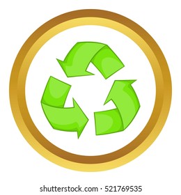 Recycling vector icon in golden circle, cartoon style isolated on white background
