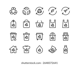 Conjunto de Ícones de Vetor de Reciclagem | Espessura ajustável da linha | Eco, reutilização, sustentabilidade, lixeira, resíduos, ambiente, saco, lixo, plástico, verde, papel, reduzir, ícones de contêiner