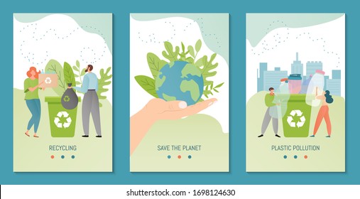 Recycling vector illustration banner template. Recycled material collected by people cartoon characters. Man and woman recycle bottle to prevent plastic pollution. Save the planet ecological slogan.